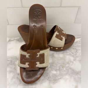 Tory Burch Women's Brown and Cream Wedge Sandals, Size 8